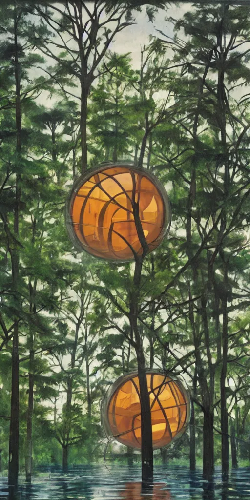 Prompt: spherical glass tree houses in flooded street ( ( ( ( painting by aaron douglas ) ) ) ) painting by alvar aalto