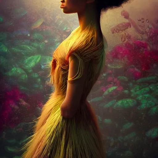 Image similar to a medium shot of a brown woman wearing a luminous armor made of neon floating jelly fishes. surrounded by jelly fishes. soft lighting. fragile. haunting eyes!! coherent face!! no makeup!! muted colors. by ray caesar. by louise dahl - wolfe. by andrea kowch. surreal photography