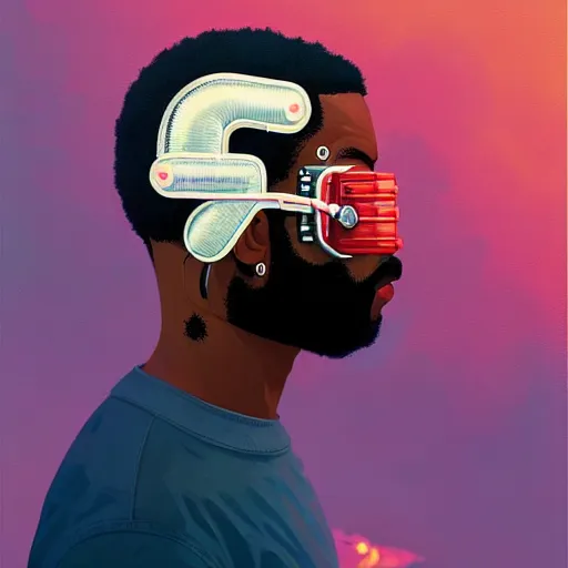 Prompt: a portrait of a black man :: side profile blood :: background sea :: intricate details :: futuristic oxygen mask :: 8k :: simon stalenhag and Sandra Chevrier