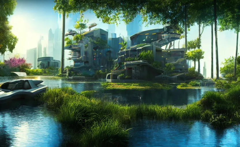 Image similar to photorealistic cyberpunk lakehousein a lush dessert oasis. daylight. sunlight. lens flare. light fixtures. 8K. detailed. photorealism. artstation. 25mm f/1.7 ASPH Lens. ultra realistic