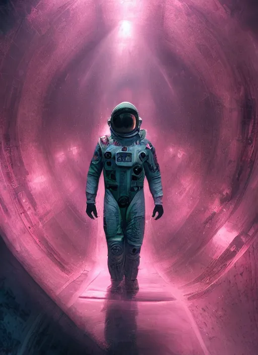 Image similar to pink concept art by craig mullins astronauts in futuristic dark and empty spaceship underwater. complex and hyperdetailed technical suit. mandelbulb fractal. reflection and dispersion materials. rays and dispersion of light. volumetric light. 5 0 mm, f / 3 2. noise film photo. flash photography. octane render. interstellar movie art