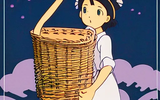 Image similar to a young girl riding a bike with a basket in a small town, 1970s philippines, art by hayao miyazaki, studio ghibli film, hi res, 4k, detailed!!!!!!! face!!!!!!!