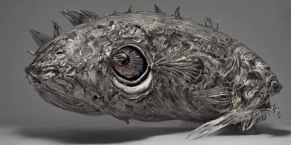 Prompt: angler fish sculpture, stylized layered shapes, long flowing fins, bioluminescent orbs, glowing eye, intricate, highly detailed, lifelike, smooth, sharp focus, art by h r giger