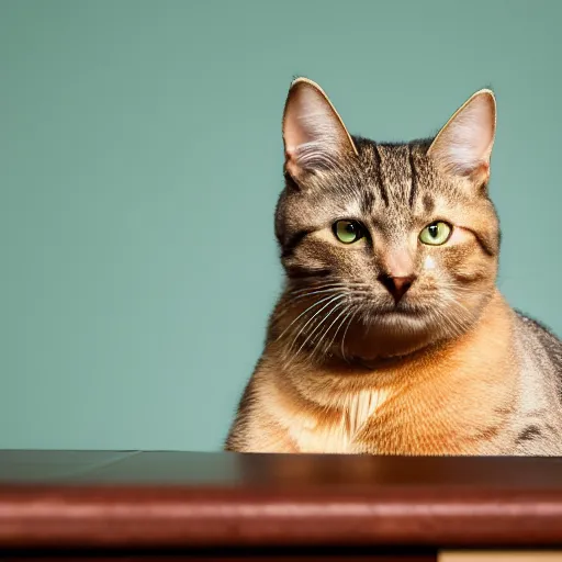 Prompt: Cat looking disappointed, on kitchen table, 40nm lens, shallow depth of field, split lighting, 4k,