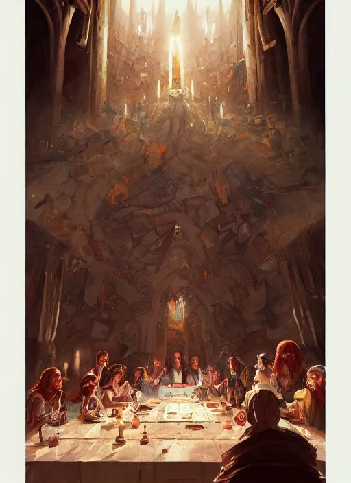 Prompt: the last supper beautiful painting by arthur addams and greg rutkowski and don bluth, highly detailed, illustration, epic, fantasy, intricate, hyper detailed, artstation, concept art, smooth, sharp focus, ray tracing