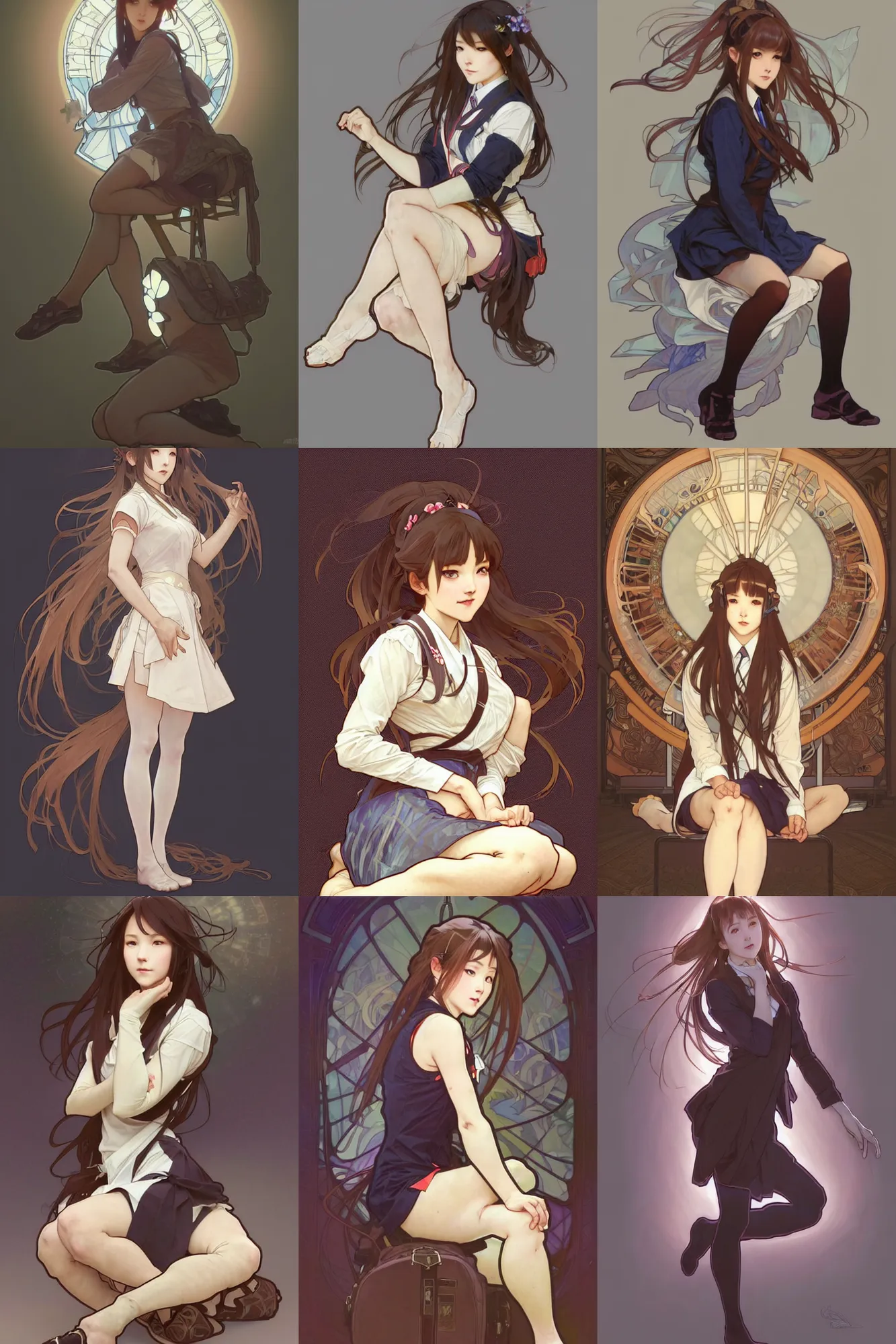 Prompt: a digital concept art by artgerm and greg rutkowski and alphonse mucha. full body!! clear portrait of a squatting attractive japanese school girl in uniform!! sit on floor!! knee length stockings ， school bag, light effect. hyper detailed, character concept, glowing lights!! intricate, elegant, digital painting, artstation, smooth, sharp focus