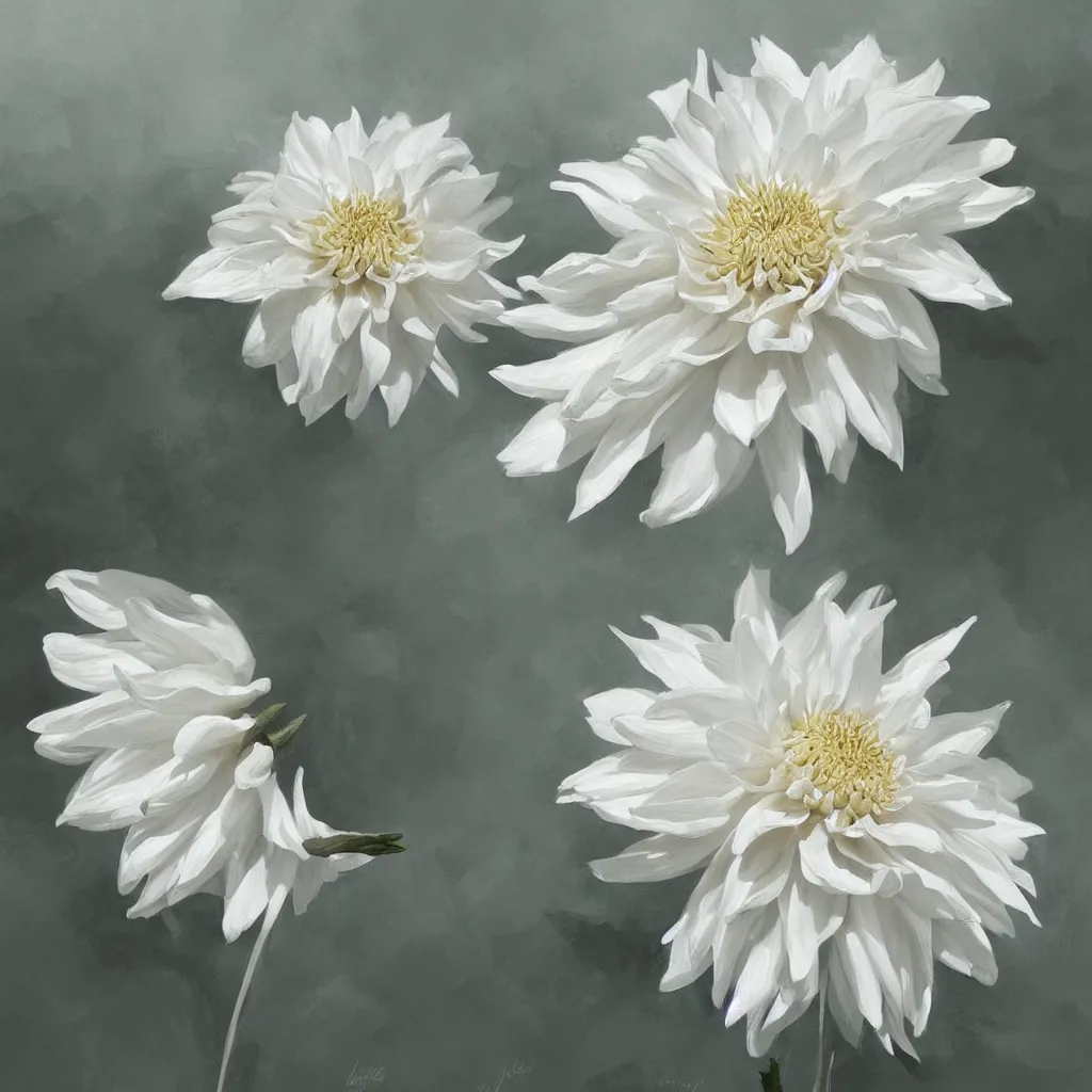 Prompt: painting of a beautiful white dahlia flower trending on artstation in the style of greg rutkowski