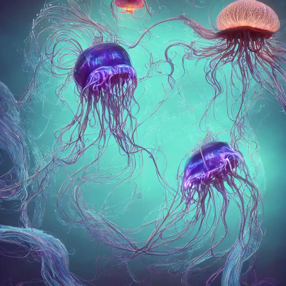 Prompt: a beautiful exquisite hyper detailed rendering of a bioluminescent jellyfish with flowing tendrils by kelogs loops and lumi and pixar and dzo, vivid deep colors, scifi, realistic, octane render, vray render,