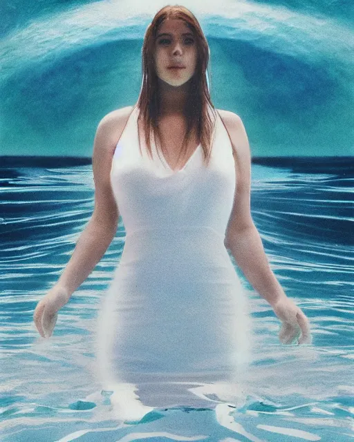 Image similar to a woman in a white dress standing in the water, an album cover by stanley twardowicz, trending on cg society, retrofuturism, retrowave, chillwave, synthwave