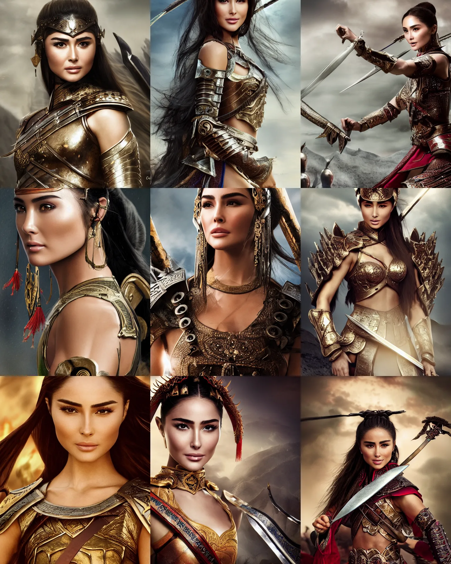 Prompt: Olivia Culpo as chinese warrior princess at the battle of helms deep, background: battle scene, clear makeup, clean hair, dry skin, clear skin, airbrushed, bright eye makeup, warrior body, photo by mario testino, 8k octane render, cinematic, hyper detailed, micro details, insanely detailed, trending on artstation, concept art