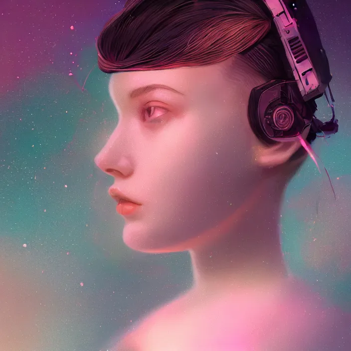 Prompt: singular space girl portait, flawless symmetrical pretty cute face, greg rutkowski, 8 k, shallow depth of field, intricate detail, concept art, blade runner 2 0 4 9, scorched earth, cassette futurism, modular synthesizer helmet, the grand budapest hotel, glow, digital art, artstation, pop art, by hsiao - ron cheng