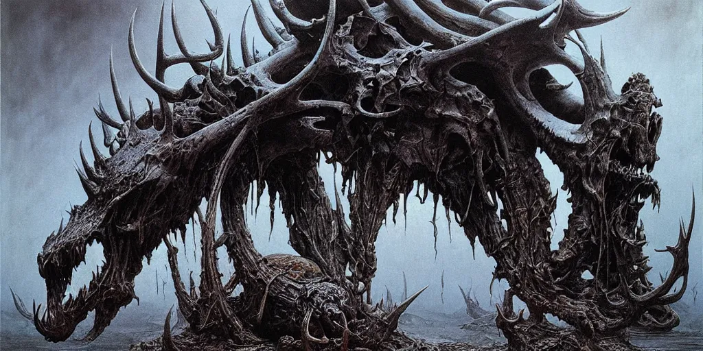 Prompt: scorpions!! crawling through the cavities of a large moose skull, Zdzislaw Beksinski, Wayne Barlowe, gothic, cosmic horror, dystopian, biomorphic, lovecraftian grotesque, amazing details, cold hue's