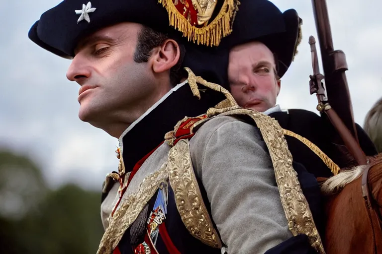 Image similar to closeup portrait of emmanuel macron dressed as napoleon carrying a large cannon, natural light, sharp, detailed face, magazine, press, photo, steve mccurry, david lazar, canon, nikon, focus