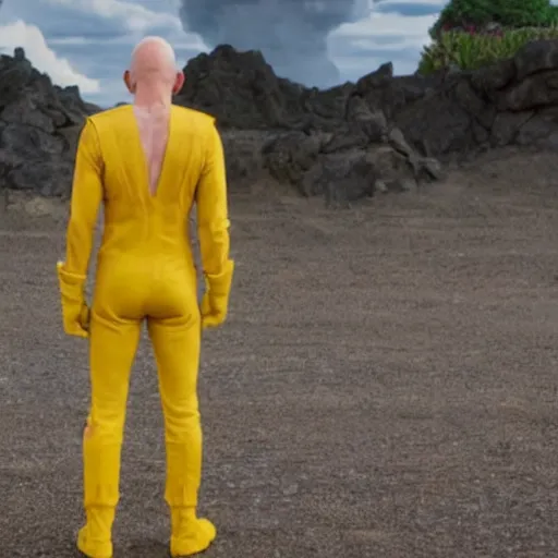 Image similar to film still, full body action shot of ian mckellen playing saitama dressed in the one punch man costume