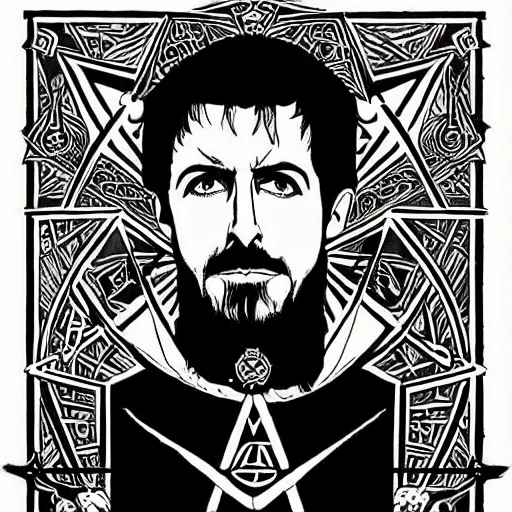 Prompt: black and white pen and ink!!!! rugged royal masonic goetic!! Frank Zappa x Ryan Gosling golden!!!! Vagabond!!!! floating magic swordsman!!!! glides through a beautiful!!!!!!! battlefield dramatic esoteric!!!!!! pen and ink!!!!! illustrated in high detail!!!!!!!! by Junji Ito and Hiroya Oku!!!!!!!!! graphic novel published on 2049 award winning!!!! full body portrait!!!!! action exposition manga panel black and white Shonen Jump issue by David Lynch and Ari Aster beautiful line art Araki