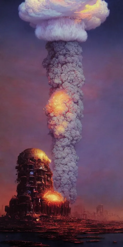 Prompt: A gigantic Mushroom Cloud from a colossal Atomic explosion in Mumbai, by Bruce Pennington, by Wayne Barlowe, by Greg Rutkowski, oil on canvas, masterpiece, detailed, dynamic, cinematic composition, beautiful lighting, view from ground, trending on artstation, top on pixiv, 8K, no frames,