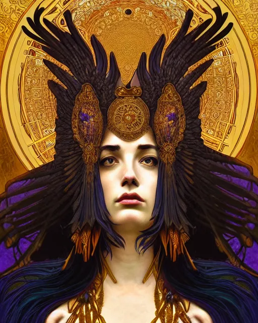 Prompt: goddess of the ravens, unusual beauty, emotionally evoking symbolic metaphors, head in focus, fantasy, ornamental, intricate, elegant, sensual, highly detailed digital painting, artstation, concept art, painterly, golden ratio, sharp focus, illustration, art by Rafael and Alphonse Mucha and Albert Aublet