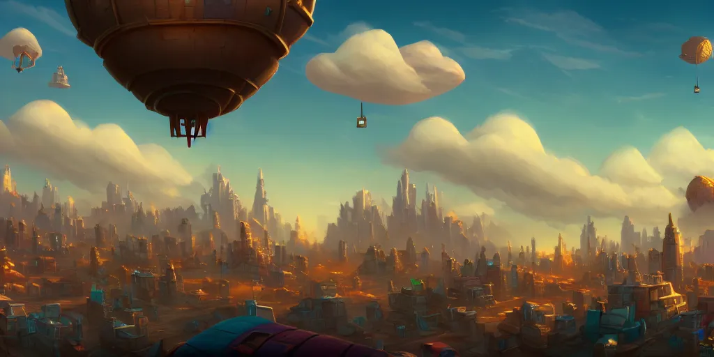 Image similar to the city in the of piltover, in the style from netflix's arcane, blimps in the sky, blue skies, soft clouds, trending on artstation