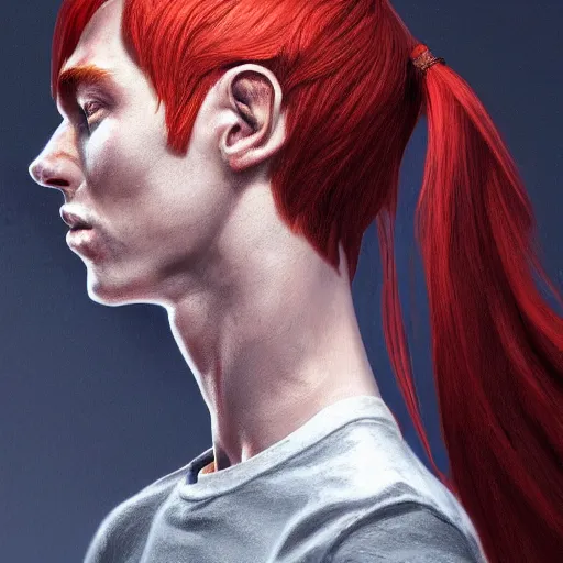 Image similar to portrait of a thin young man with long red hair, ponytail, a lot of freckles on his face, intricate, elegant, glowing lights, highly detailed, digital painting, artstation, concept art, smooth, sharp focus, illustration