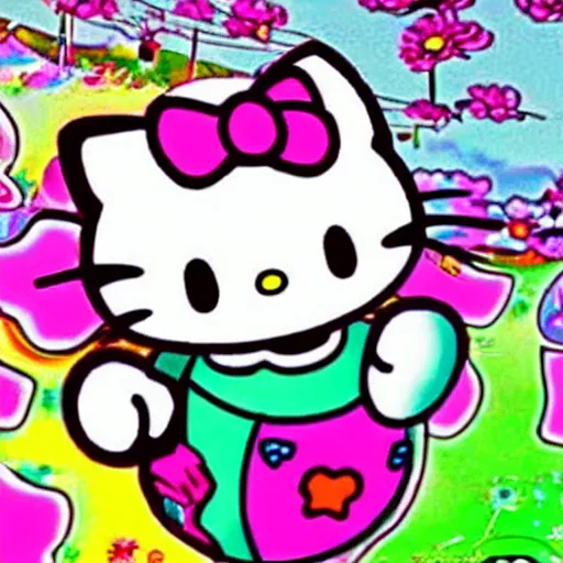 Prompt: hello kitty on an lsd trip, dmt visulas