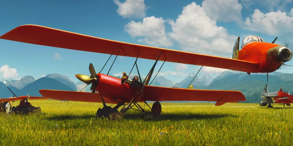 Image similar to a ultra photorealistic and sharp film still of an a sunny and colourful airfield in 1 9 1 6 in the middle of the bavarian alps, germany. parking and flying airplanes, wide shot, frog perspective, wes anderson, studio ghibli, pixar and disney animation, octane render, anime key art by greg rutkowski, dramatic lighting, award winning photography