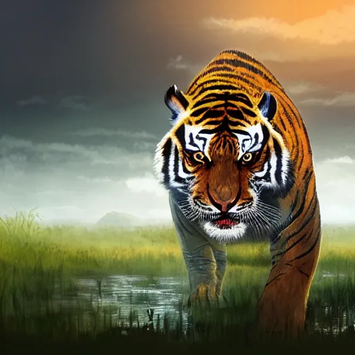 Image similar to bipedal tiger in a bandit costume standing in swamp water gazing at the sunset, fantasy, cinematic, studio ghibli, wide shot, dramatic lighting, dynamic, ultra realistic, ultra detailed, 8 k, thin line work, trending on artstation