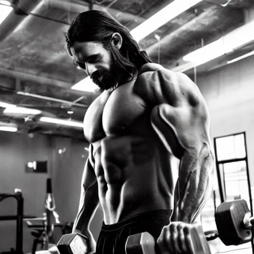 Image similar to photo of Jesus Christ at the gym lifting heavy weights working out, ripped lean body, skinny attractive Jesus, 8k, inspirational post