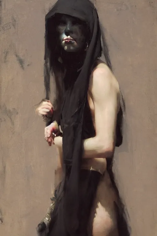 Prompt: Richard Schmid and Jeremy Lipking and Roberto Ferri full length portrait painting of a young beautiful evil fantasy priestess covered head to toe in black except for face