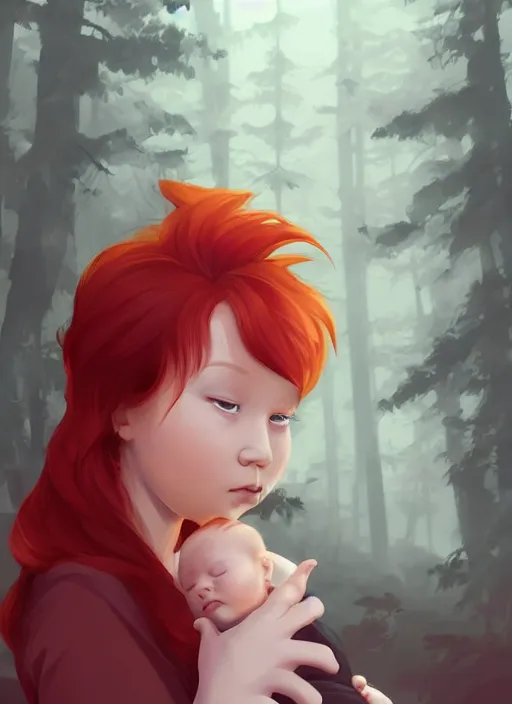 Prompt: a baby with red hair sits peacefully in a misty forest. clear detailed face. clean cel shaded vector art. shutterstock. behance hd by lois van baarle, artgerm, helen huang, by makoto shinkai and ilya kuvshinov, rossdraws, illustration, art by ilya kuvshinov