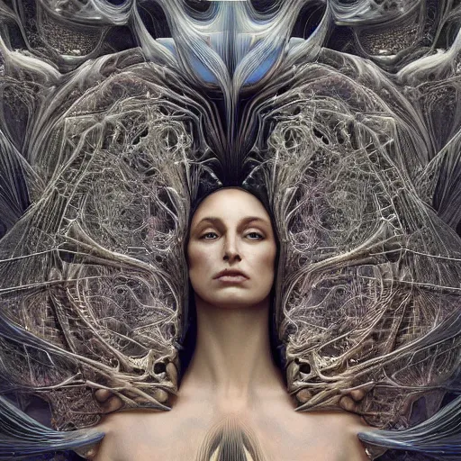 Prompt: high priestess queen of jupiter by iris van herpen, zaha hadid, zdzisław beksinski and alphonse mucha. highly detailed, hyper - real, very beautiful, intricate fractal details, very complex, opulent, epic, mysterious, trending on deviantart and artstation