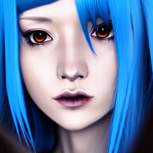 Image similar to full face shot of rimuru tempest, sky blue straight hair, long bangs, with amber eyes, wearing a black jacket, high collar, ultra detailed, concept art, award winning photography, digital painting, cinematic, wlop artstation, closeup, pixiv, evil, yoshitaka amano, andy warhol, ilya kuvshinov,