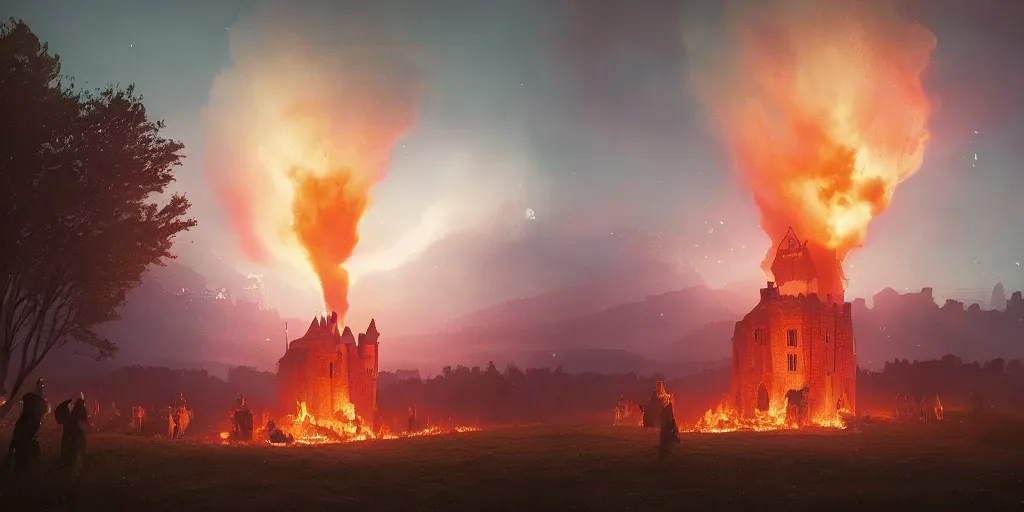 Prompt: a royal grand medieval castle on fire at night, intense lighting, on top of a hill, from a distance, intense smoke, burning down, intense flames, lots of embers, center focus, landscape by simon stalenhag, rendered by beeple, by makoto shinkai, digital art