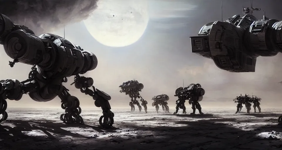 Image similar to hyper realistic sci - fi matte concept art painting of epic cinematic battle between humanoid battlemechs fighting on the moon, guns, missiles, explosions, beautiful details, strong composition painted by kim jung guweta studio rutkowski, james gurney and greg rutkowski, and lucasfilm, smooth, intricate, detailed, sharp focus, cinematic