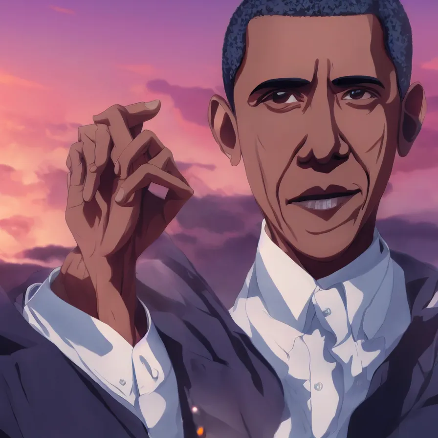 Image similar to barack obama as an anime protagonist, beautiful anime style, portrait, close - up, cinematic rim lighting, dramatic pose, beautiful sunset, professional, highly detailed, clear, sharp, smug expression, trending on artstation