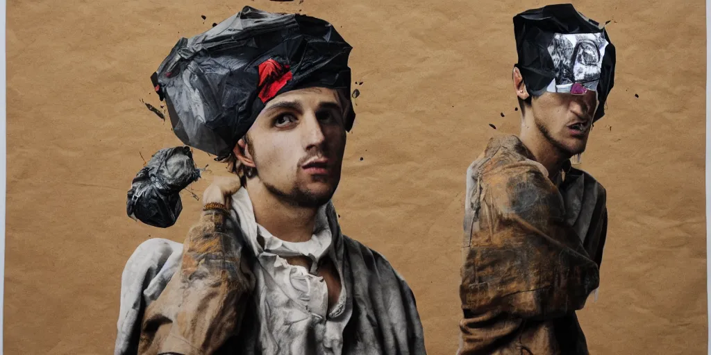 Prompt: travis scot with a trash bag on his head, collage paper and tape, acrylic on canvas, hyperrealism mixed with expressionism, high resolution, smooth shading, cinematic, unreal 6 breathtaking detailed, by blake neubert