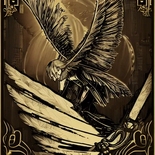 Image similar to precisely drawn illustration of anime flying griffon, old-fashioned tarot card, victorian playing card, sepia tone, wide angle, sharp, fine details, anime, manga, cyberpunk, intense line art, 8k, precise linework, realistic, shaded lighting by katsuhiro otomo ghost-in-the-shell, magali villeneuve, artgerm, rutkowski Jeremy Lipkin and Giuseppe Dangelico Pino and Michael Garmash and Rob Rey