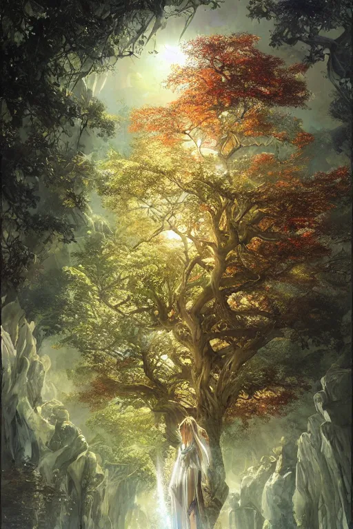 Image similar to tree of four seasons, volymetric light, highly detailed matte painting by noriyoshi ohrai, by charlie bowater, by mark brooks