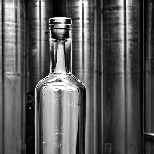 Prompt: an award - winning photo of a translucent glass vodka bottle in the shape and style of a propane cylinder in a grungy warehouse, dramatic lighting, sigma 2 4 mm, wide angle lens, ƒ / 8, flickr