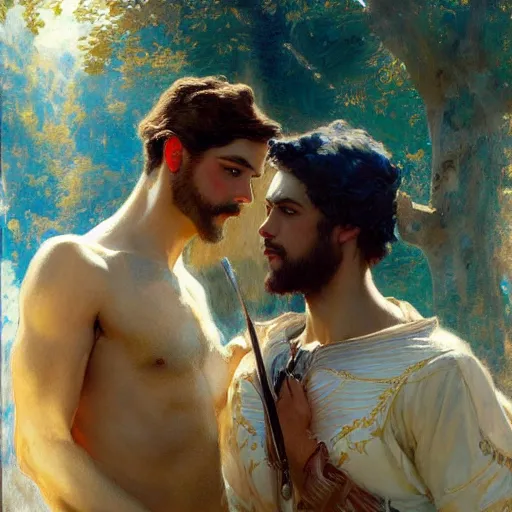 Image similar to attractive fully clothed king confesses his love for his attractive fully clothed male prince. highly detailed painting by gaston bussiere, craig mullins, j. c. leyendecker 8 k