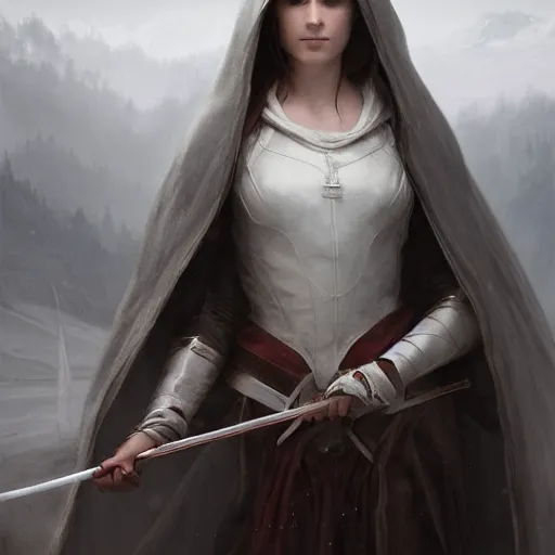 Image similar to portrait of an woman wearing a white cape with a hood and holding an hunter bow, Matte painting , detailed painting, made by Greg Rutkowski, 4k, atmospheric