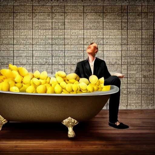 Prompt: a man in a bathtub bathing in lemons, Realism, HDR, Stock Photo, Ultra Lighting