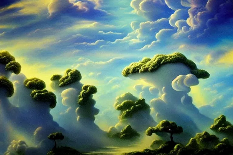 Prompt: a huge ultra detailed flock of many smooth puffy whirling elegant cloud sculptures with turning gemstone crystal sculptures, art nouveau jungle environment, soothing, crepuscular rays, award winning art, epic dreamlike fantasy landscape, ultra realistic,