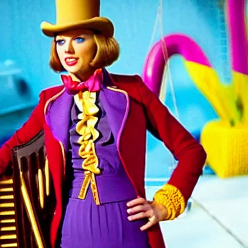 Prompt: still of taylor swift as willy wonka in willy wonka and the chocolate factory