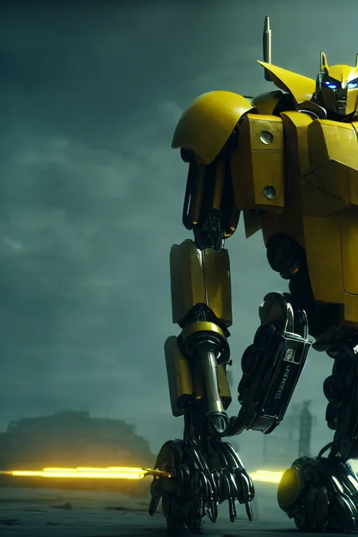 Prompt: a cinematic still from film transformers series, yellow mech, humanoid servo, octane render, nvidia raytracing demo, masterpiece, aged armor plating, aggressive head,