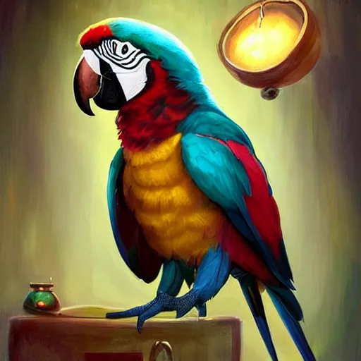 Prompt: Magic the gathering artwork of Anthropomorphized parrot shopkeeper in his fully stocked shop, shelves full, selling a gem, portrait, items, magic potions, carpet, window, fancy funny hat, sly expression , cunning expression, cute expression, presenting magic gem, D&D, fantasy, cinematic lighting, highly detailed, digital painting, artstation, concept art, smooth, sharp focus, illustration, warm light, cozy warm tint, magic the gathering artwork, volumetric lighting, 8k, no gold, no gold colours, art by Akihiko Yoshida and Greg Rutkowski