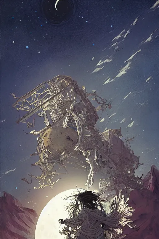 Prompt: a full moon containing the glimmering stairways to otherworldly galaxies, high intricate details, rule of thirds, golden ratio, cinematic light, anime style, graphic novel by fiona staples and dustin nguyen, by beaststars and orange, peter elson, alan bean, studio ghibli, makoto shinkai