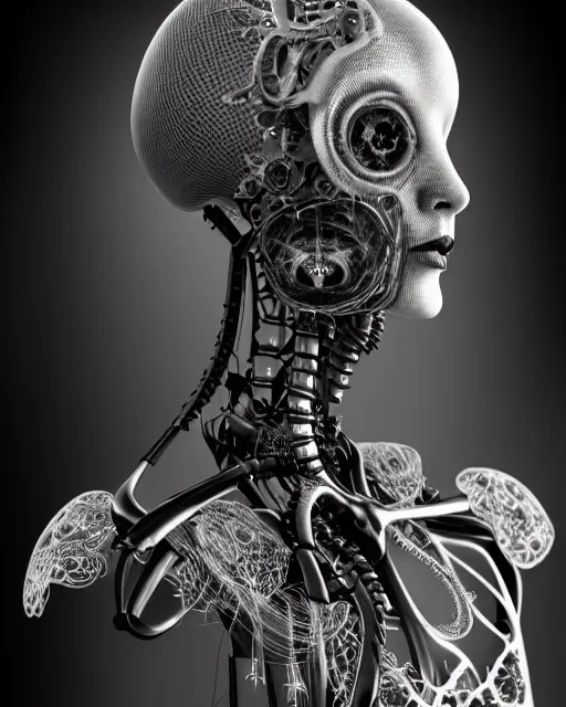 Image similar to black and white dreamy foggy smoky profile face portrait, one silver steampunk realistic eye biomechanical beautiful young female cyclope - cyborg - robot bust, body ribs meshes,, volumetric light, hibiscus flowers, by hg giger, rim light, by dora maar and cecile beaton, big gothic fashion pearl embroidered collar, 8 k