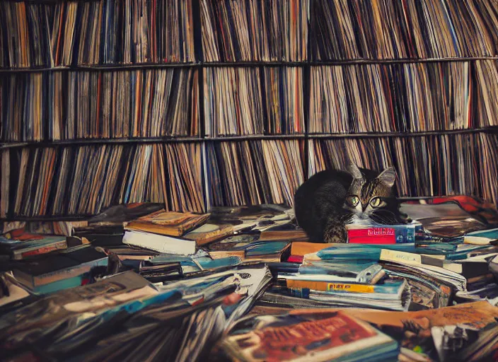 Image similar to photography of a Cat sitting on a pile of books and vinyls. a record player is in the shot. in a room full of vinyls and posters out of the 70's, photorealistic, raining award winning photo, 100mm, sharp, high res