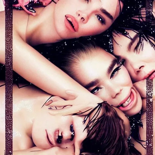 Prompt: stunning vogue magazine photo of dark - haired goddesses vanessa kirby, hailee steinfeld, and bjork smiling, legs intertwined, laying back on the bed, with wet faces!!, wet lips, perfect eyes, insanely detailed, elegant, by rutkowski, livia prima, mucha, wlop,