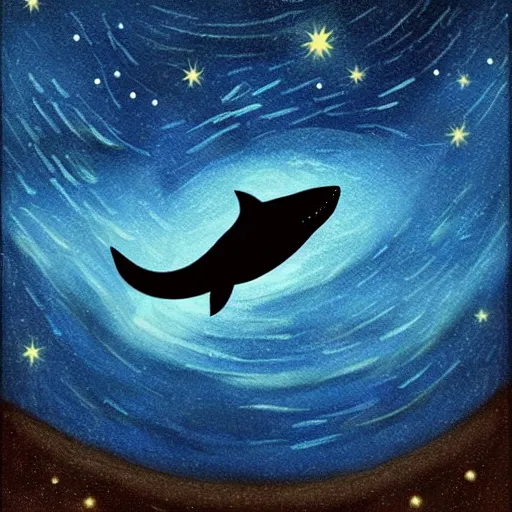 Prompt: portrait of whale swimming on a starry night sky, swimming across the universe, oniric, dreamy, beautiful, highly detailed, cinematic